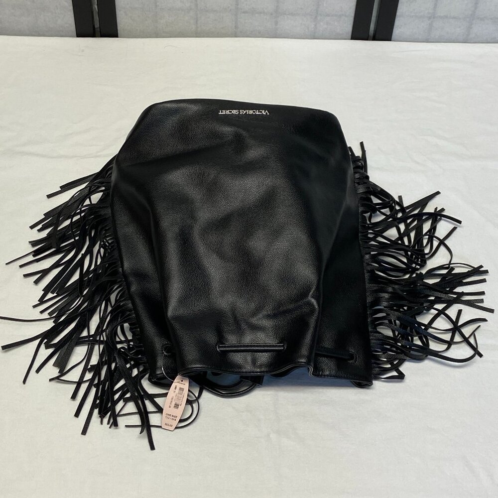 Victoria’s Secret Black Fringe Faux Leather Backpack Tote NWT Slide Closure Bag - Picture 9 of 15